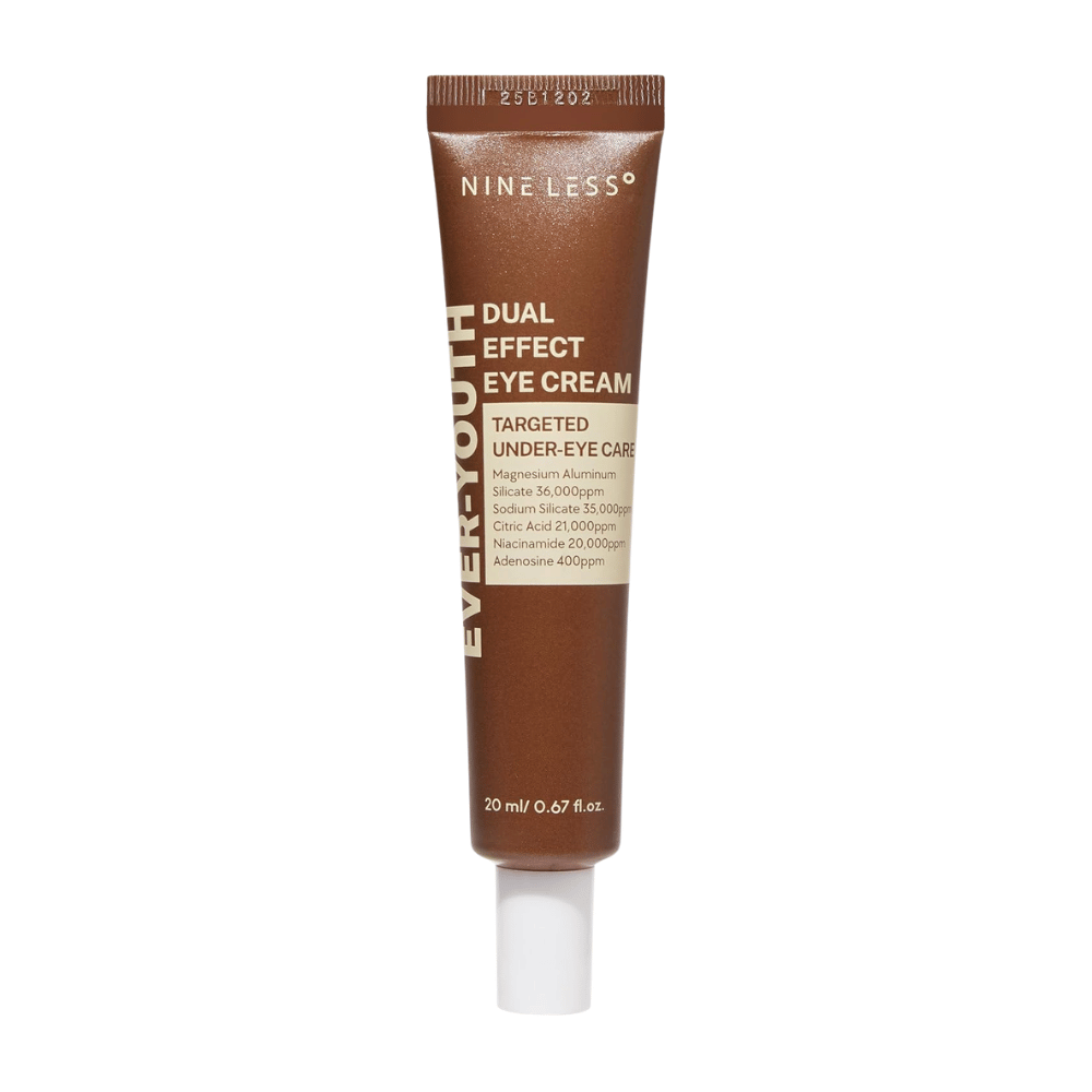 NINE LESS Ever-Youth Dual Effect Eye Cream 20 ml – tuotekuva Silmänympärysvoide-tuotteesta ruskeassa tuubissa