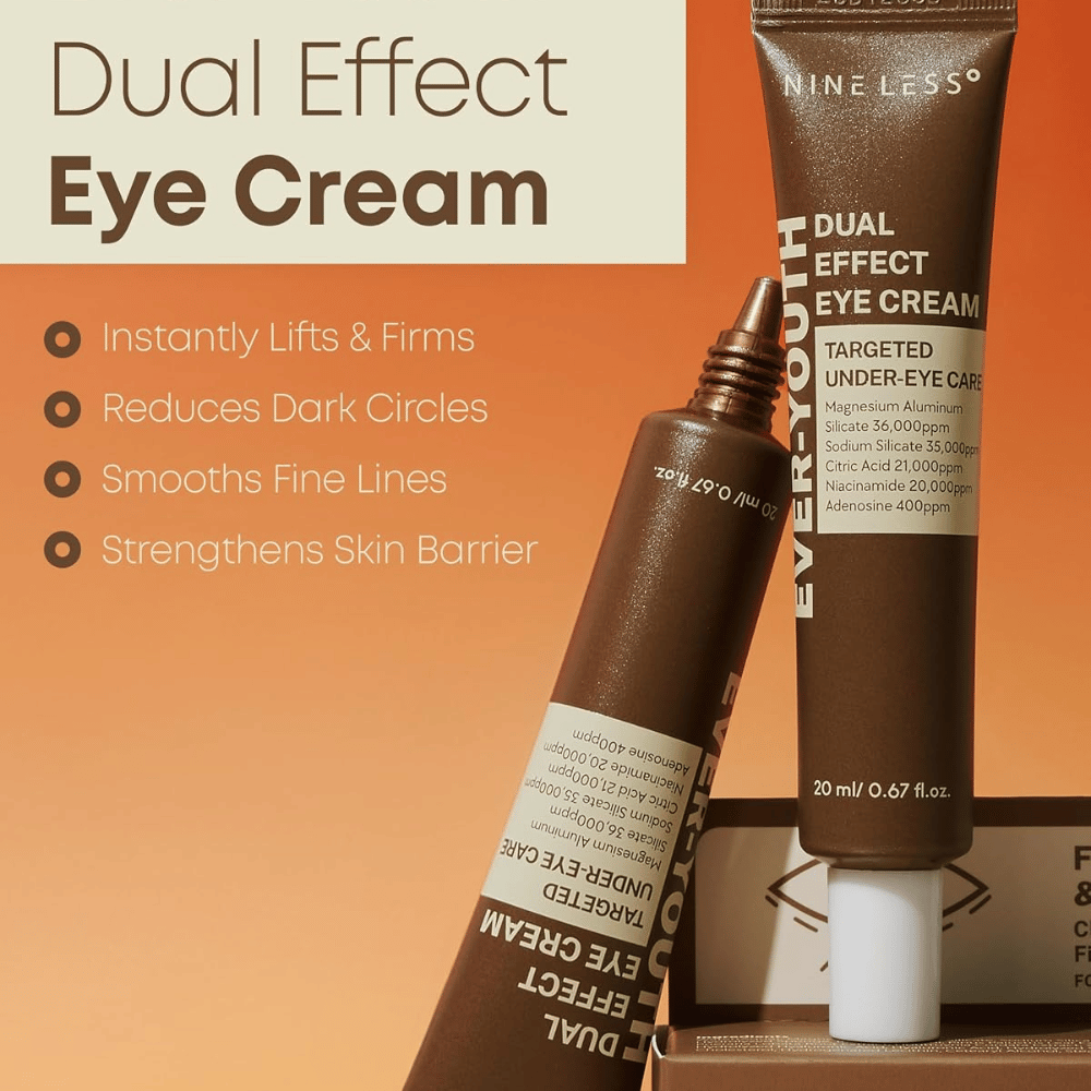 NINE LESS Ever-Youth Dual Effect Eye Cream – kiinteyttävä Silmänympärysvoide tummille silmänalusille, hienoille juonteille ja ihon suojamuurille