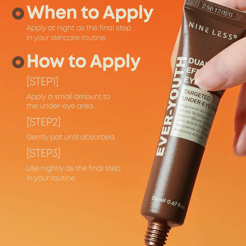 NINE LESS Ever-Youth Dual Effect Eye Cream – Silmänympärysvoide-tuotteen levitys iltarutiinin viimeisenä vaiheena