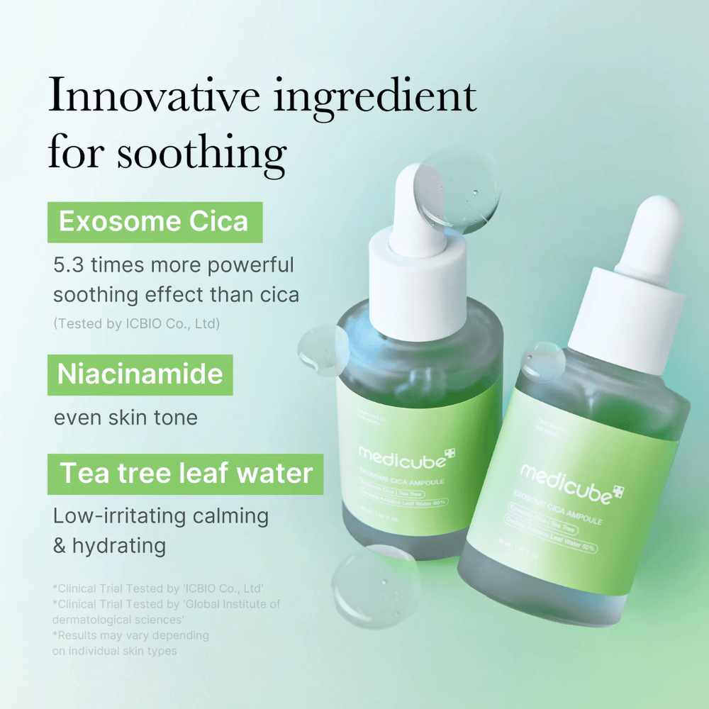 Kaksi pulloa Medicube Exosome Cica Ampoule, formuloitu Exosome Cican, niasiiniamidin ja tea tree lehtiveden kanssa rauhoittavaa vaikutusta varten.