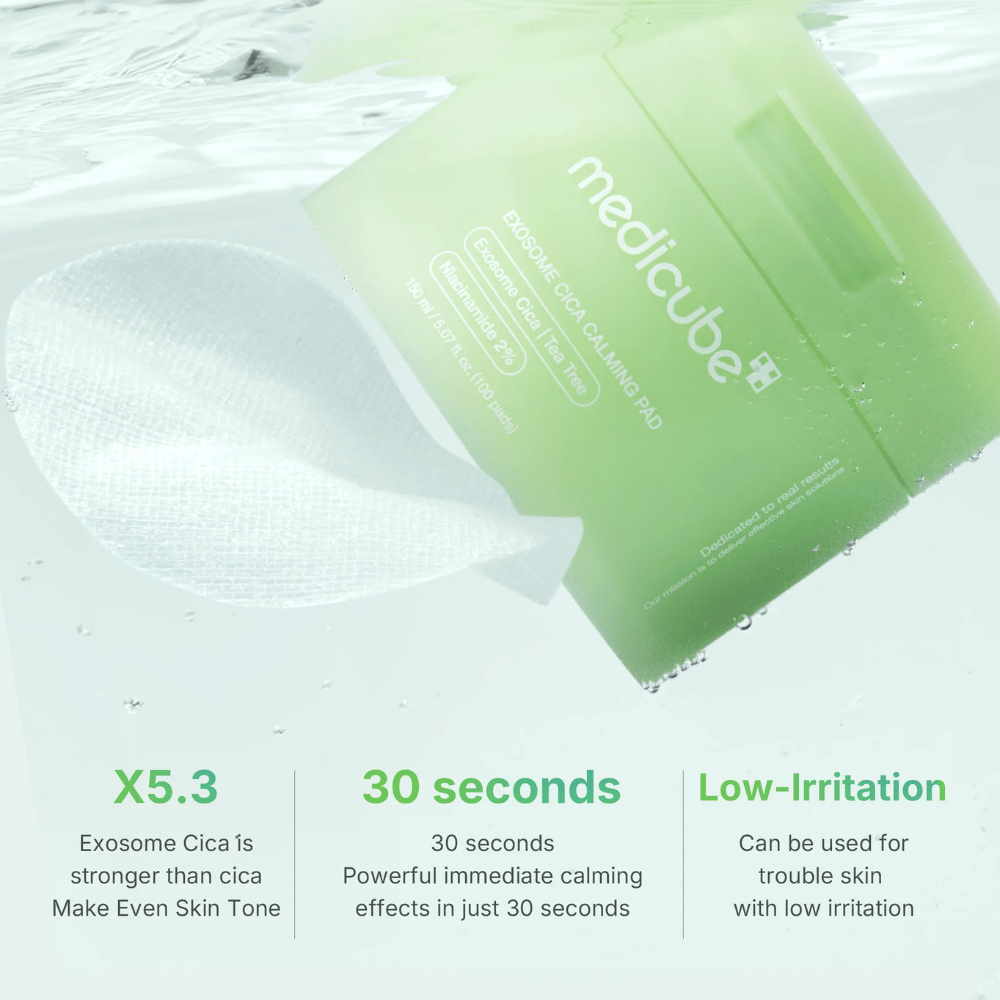 Medicube Exosome Cica Calming Pads veden alla, Edut: 5,3x vahvempi kuin cica, vaikutus 30 sekunnissa, vähäinen ärsytys.