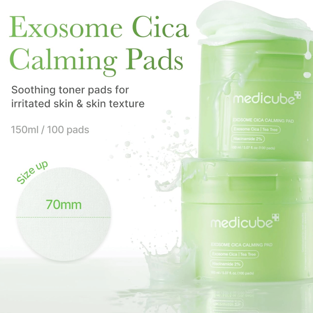 Medicube Exosome Cica Calming Pads vihreässä purkissa, rauhoittavat toner-tyynyt niasiinamidin ja tea tree kanssa ärtyneelle iholle, 150 ml/100 tyynyä.