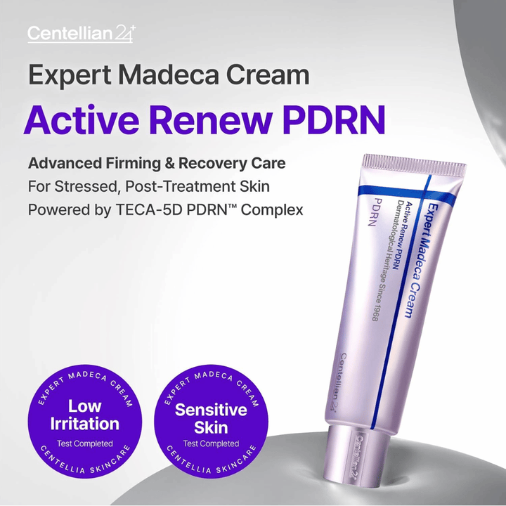 Centellian24 Expert Madeca Cream Active Renew PDRN tuotekuva tuubissa, vähän ärsytystä aiheuttava ja herkälle iholle sopiva, korjaavilla ominaisuuksilla