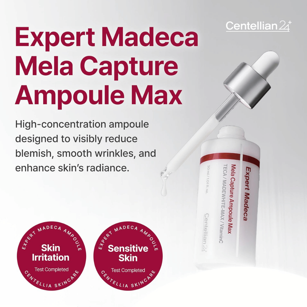 Centellian24 Expert Madeca Mela Capture Ampoule Max 30 ml – tiivistetty korealainen ampulli pigmenttiläiskiin, hienoihin juonteisiin ja hehkun parantamiseen.