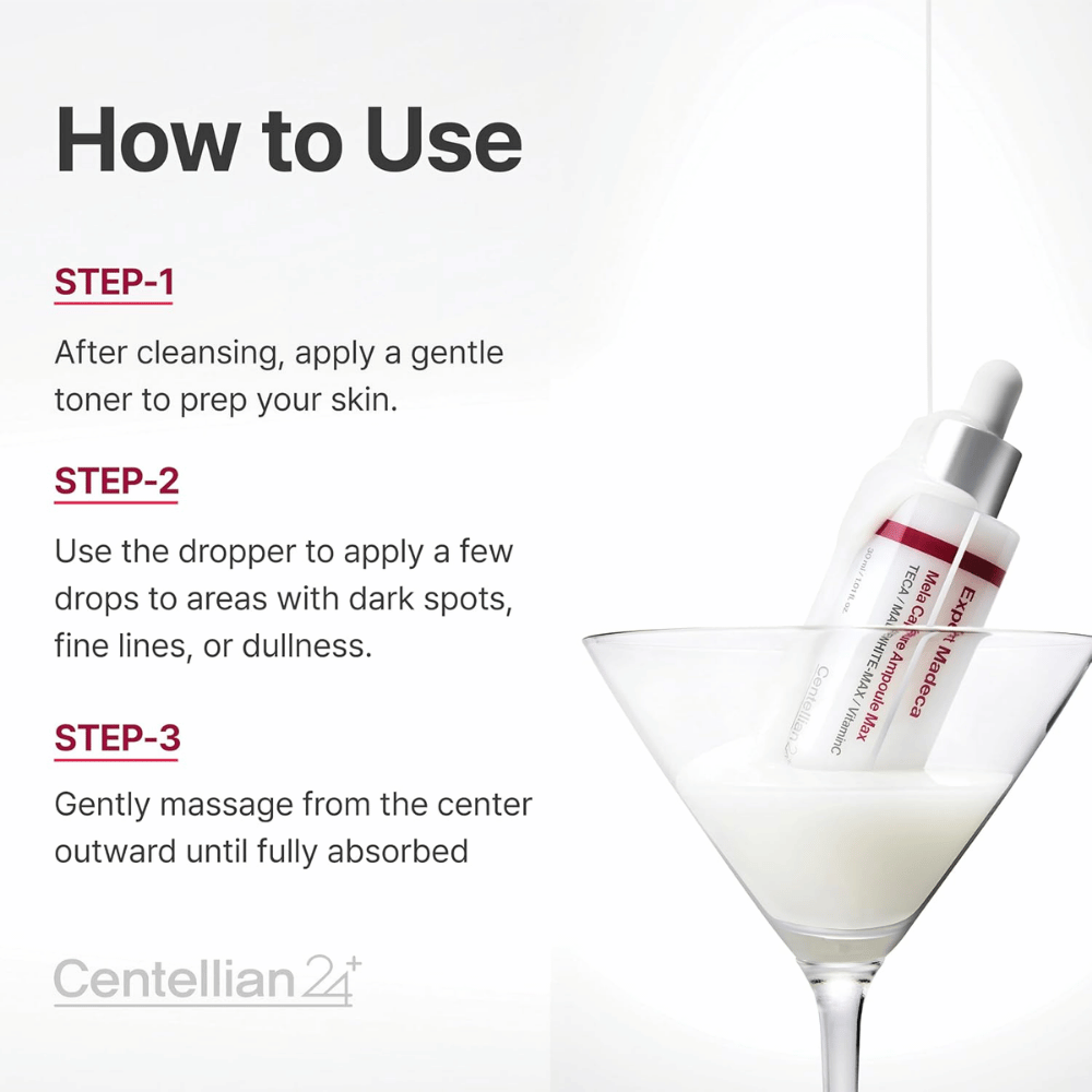 Centellian24 Expert Madeca Mela Capture Ampoule Max – levitä muutama tippa pigmenttiläiskien, hienojen juonteiden tai samean ihon alueille ja hiero hellävaraisesti ihoon.