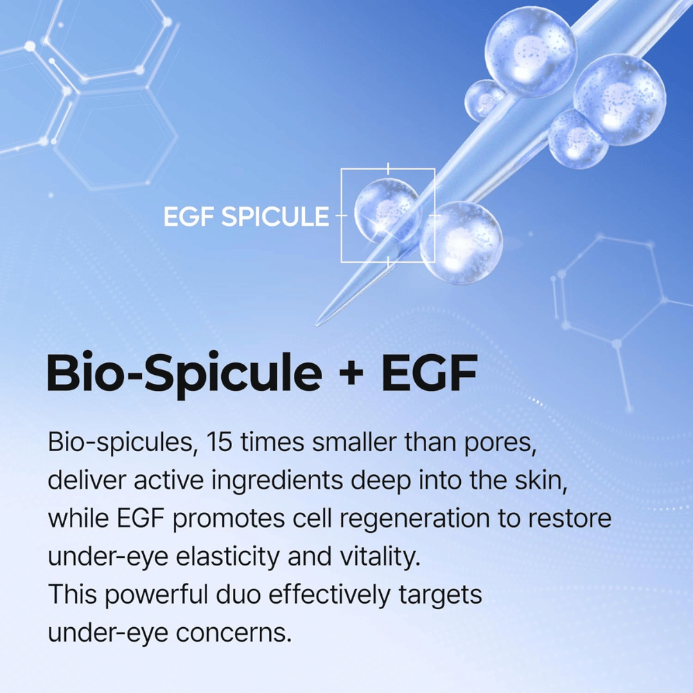 Eyephalt Eyebag Cream EGF:llä ja spicule-teknologialla, joka stimuloi solujen uudistumista ja vähentää tummia silmänalusia sekä veltostunutta ihoa silmien alla