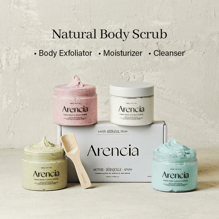 Arencia Fresh Cloud Body & Scalp Scrub useissa eri muodoissa yhdessä. Vegaaninen vartalokuorinta ja päänahkakuorinta, joka puhdistaa, kuorii ja kosteuttaa.