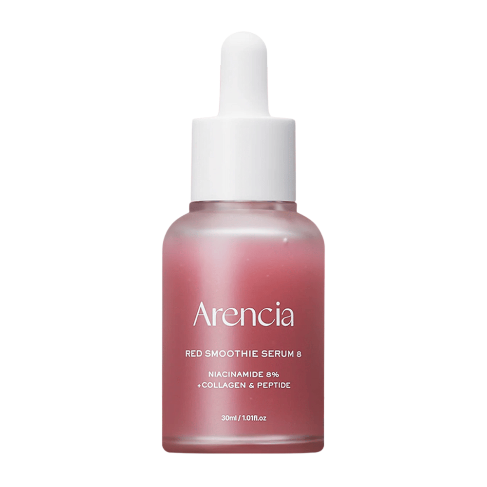 Arencia Red Smoothie Serum 8 lasipullossa pipetillä, 30 ml. Vaaleanpunainen seerumi, joka sisältää niasiiniamidia, kollageenia ja peptidejä, jotka vahvistavat ihon suojakerrosta ja lisäävät kimmoisuutta.