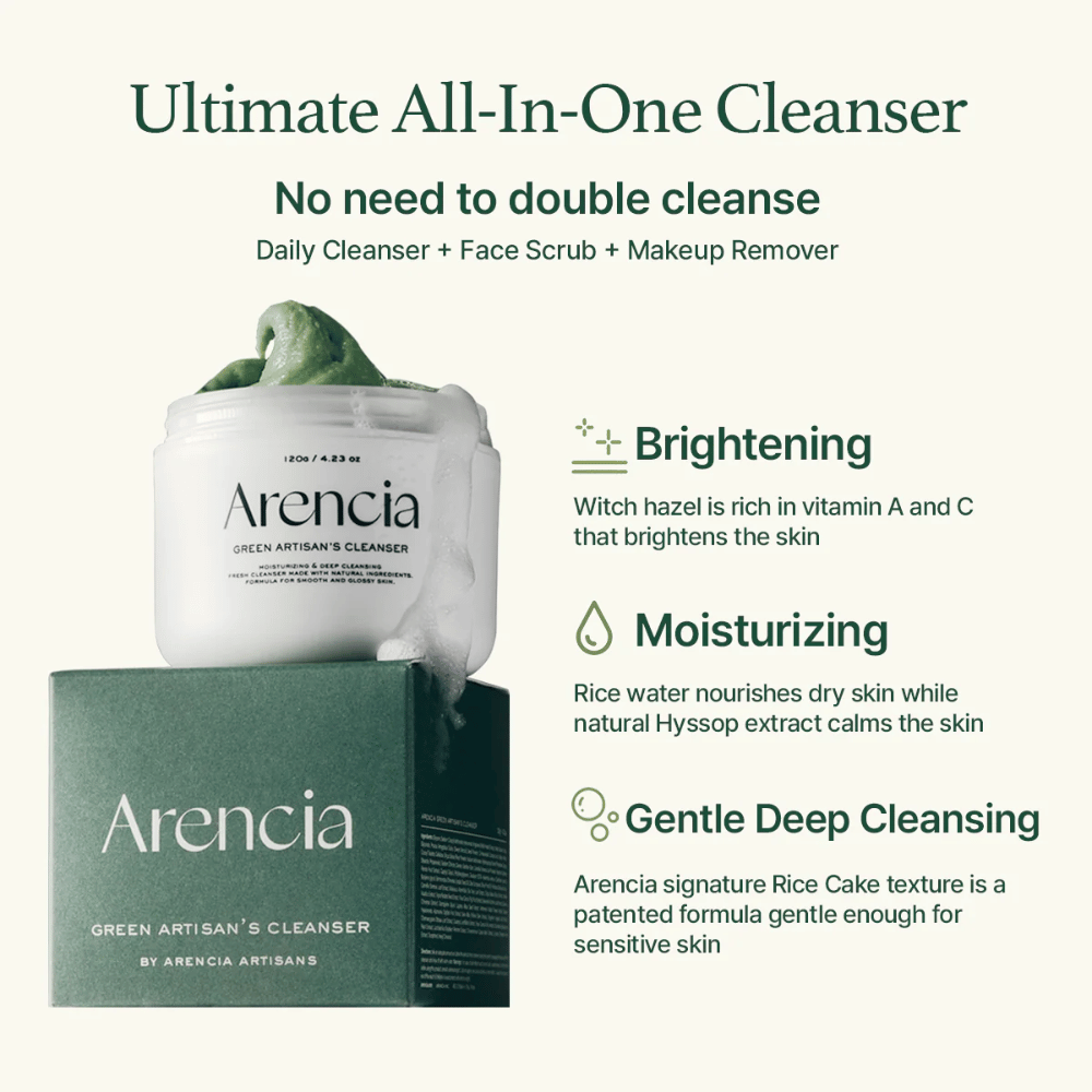 Arencia Green Artisan's Cleanser näytetään purkin ja laatikon kanssa. Teksti korostaa Edut: Brightening (vitamiini A & C), Moisturizing (riisivesi & iisoppi), Gentle Deep Cleansing patentoidulla riisitekstuurilla.