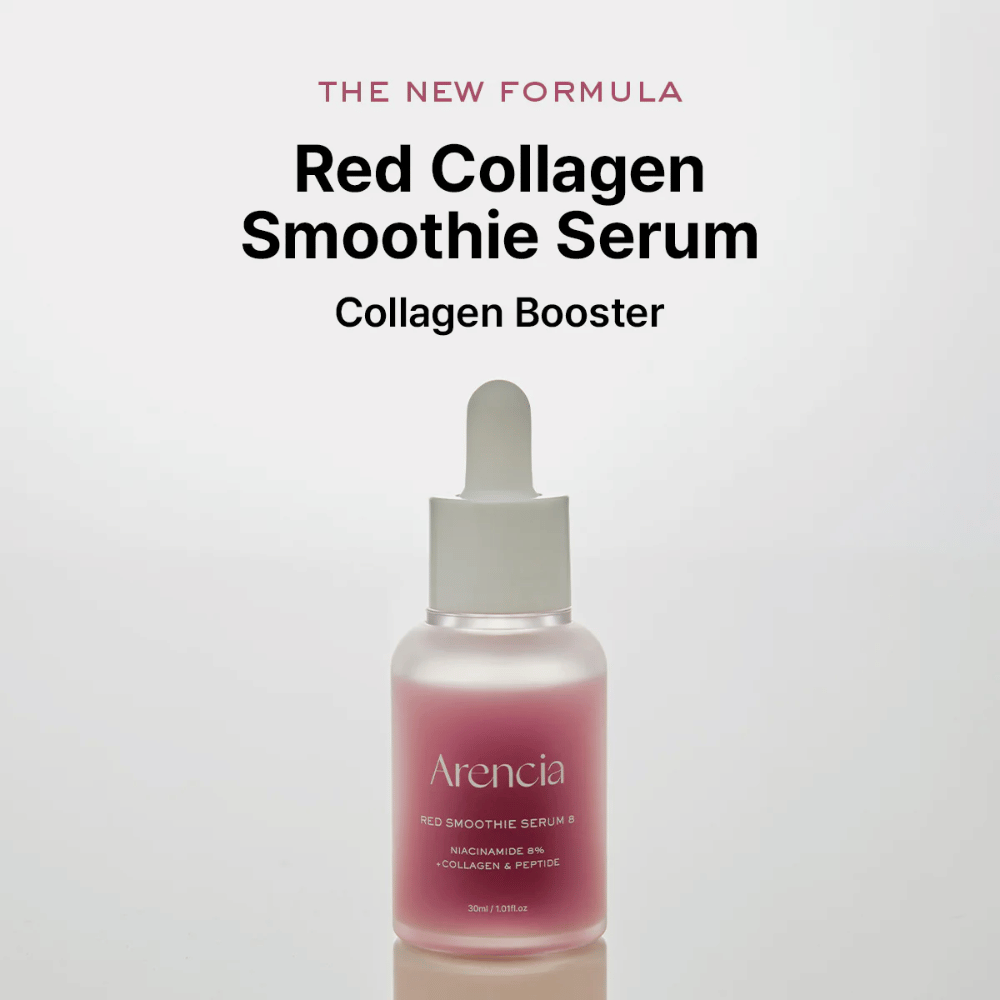 Arencia Red Smoothie Serum 8 esitetään nimellä "Red Collagen Smoothie Serum", voimakas kollageenibuusteri, joka sisältää 8 % niasiiniamidia, kollageenia ja peptidejä.