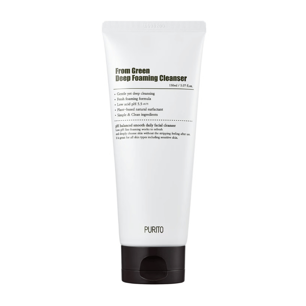 Purito From Green Deep Foaming Cleanser on syväpuhdistava kasvojenpesu, jossa on hellävarainen, kasviperäisiin tensideihin perustuva koostumus. Sen alhainen pH-arvo 5.5 auttaa säilyttämään ihon luonnollisen tasapainon, mikä tekee siitä ihanteellisen kaikille ihotyypeille, mukaan lukien herkkä iho.