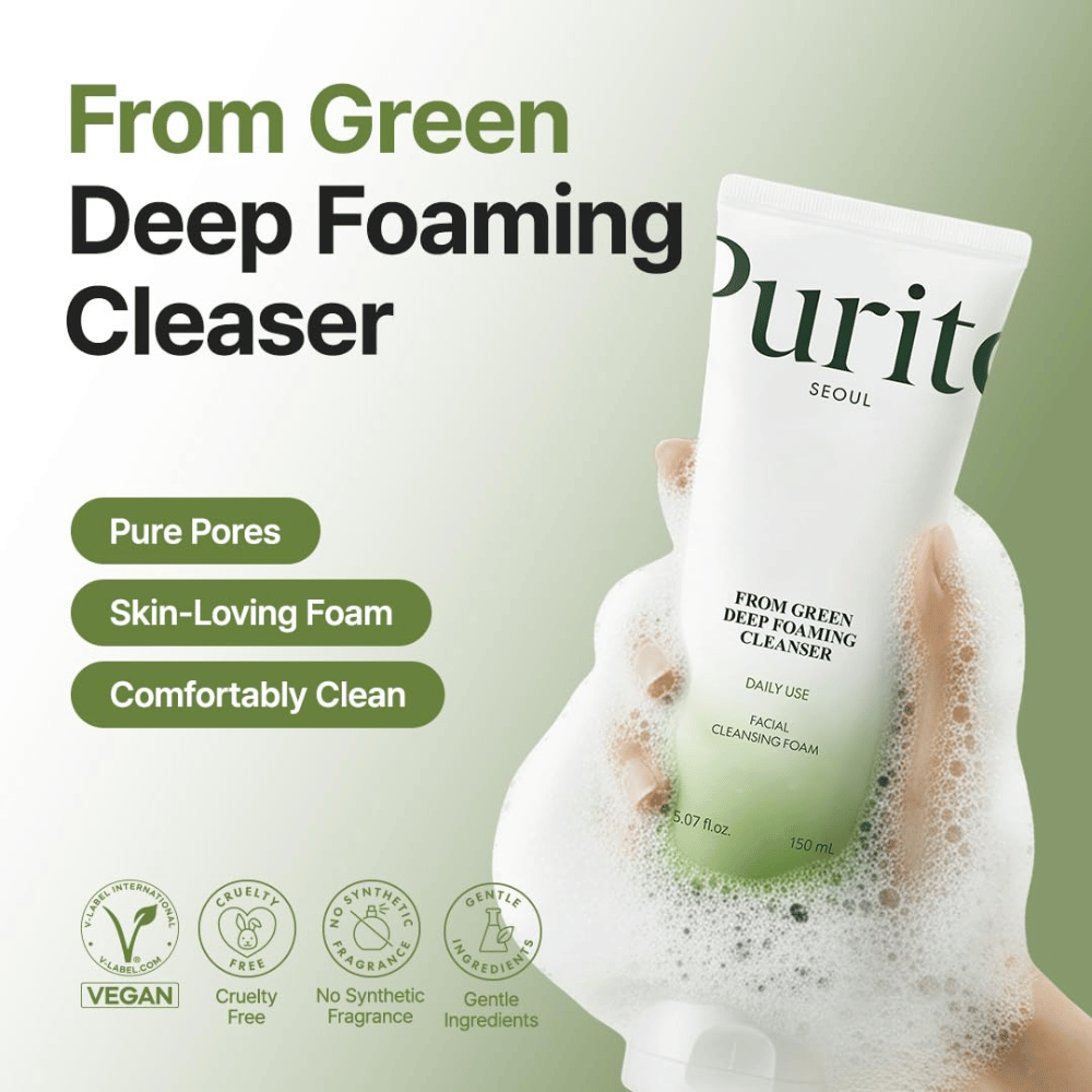 Purito Seoul From Green Deep Foaming Cleanser 150 ml – vegaaninen ja cruelty-free puhdistus ilman synteettistä hajustetta
