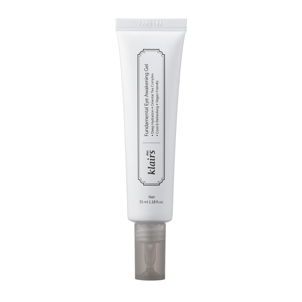 Valkoisesta taustasta irrotettu tuotekuva tuotteesta Klairs Fundamental Eye Awakening Gel. Tuubi on kuvattu edestä, jotta tuotteen nimi, koko ja puhdas, minimalistinen muotoilu, joka on ominaista Klairs-tuotteille, näkyvät selkeästi.
