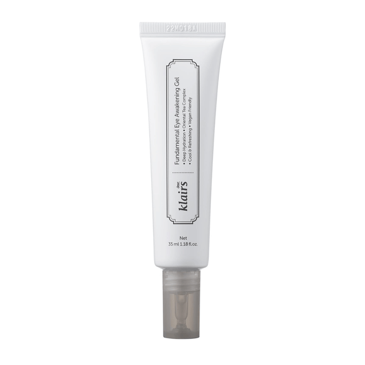 Valkoisesta taustasta irrotettu tuotekuva tuotteesta Klairs Fundamental Eye Awakening Gel. Tuubi on kuvattu edestä, jotta tuotteen nimi, koko ja puhdas, minimalistinen muotoilu, joka on ominaista Klairs-tuotteille, näkyvät selkeästi.