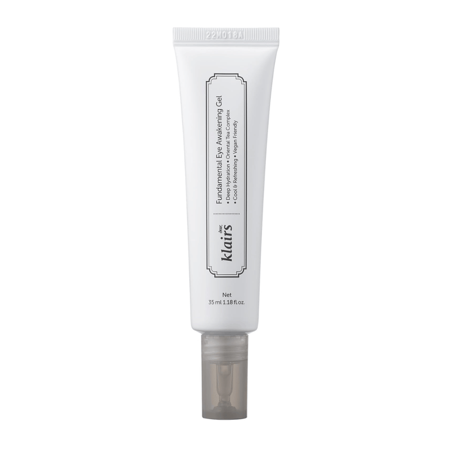 Valkoisesta taustasta irrotettu tuotekuva tuotteesta Klairs Fundamental Eye Awakening Gel. Tuubi on kuvattu edestä, jotta tuotteen nimi, koko ja puhdas, minimalistinen muotoilu, joka on ominaista Klairs-tuotteille, näkyvät selkeästi.