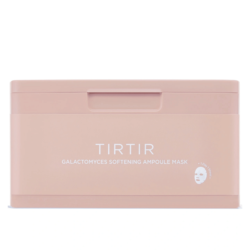 Rosa säiliö, jossa on teksti "TIRTIR GALACTOMYCES SOFTENING AMPOULE MASK" ja pieni kuvake Sheet mask, suunniteltu useiden kasvonaamioiden säilyttämiseen.
