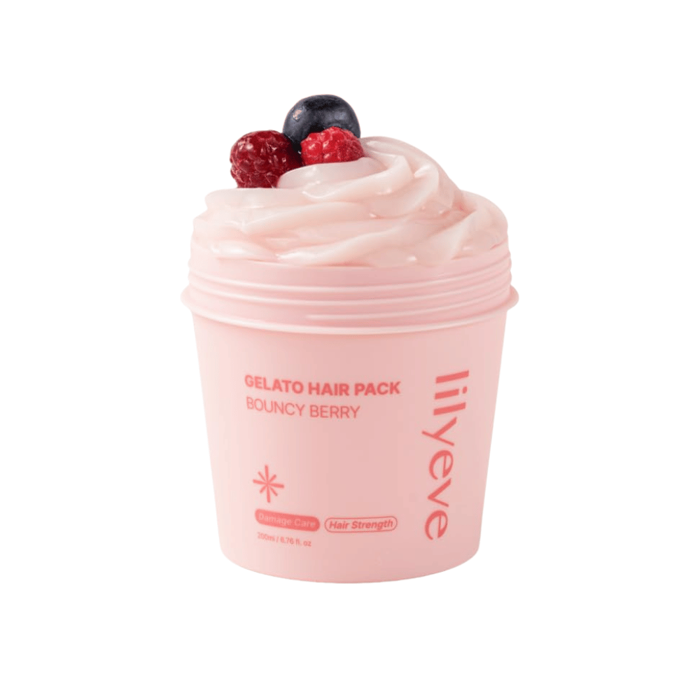 LILYEVE Gelato Hair Pack Bouncy Berry 200 ml – vaaleanpunainen proteiininaamio vaurioituneille hiuksille, painopisteenä vahvuus ja pehmeys.