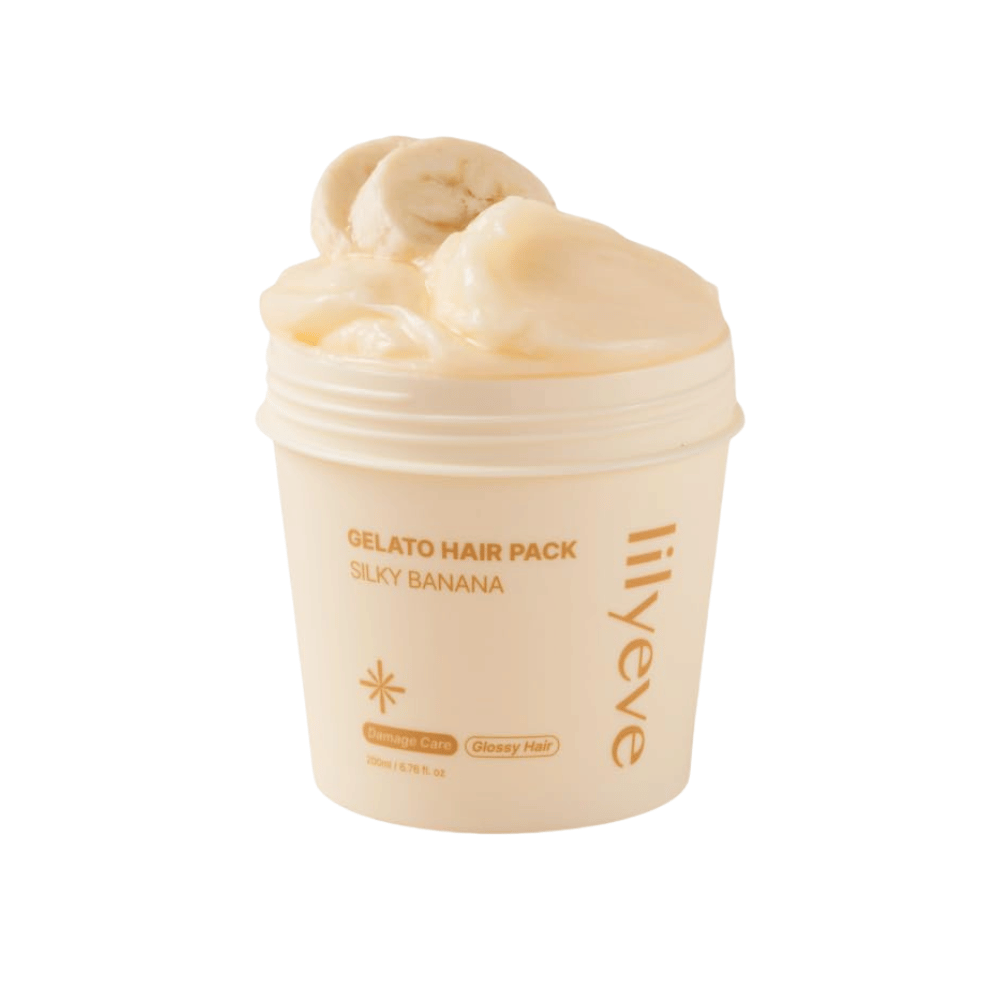 LILYEVE Gelato Hair Pack Silky Banana 200 ml – kermainen hiusnaamio vaurioituneille hiuksille, painopisteenä pehmeys ja kiilto.