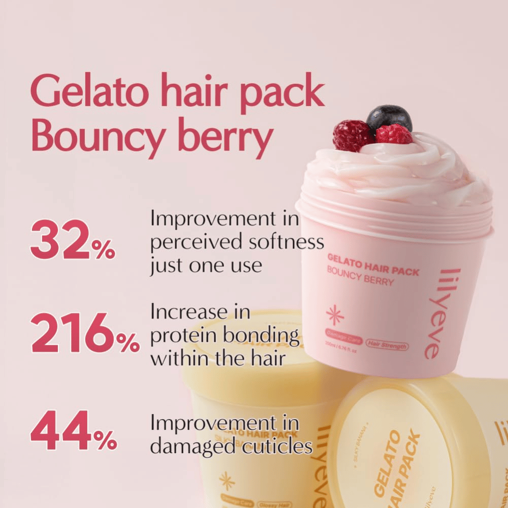 LILYEVE Gelato Hair Pack Bouncy Berry – vahvistava proteiininaamio pehmeämmille hiuksille ja vaurioituneiden hiussuortuvien hoitoon.