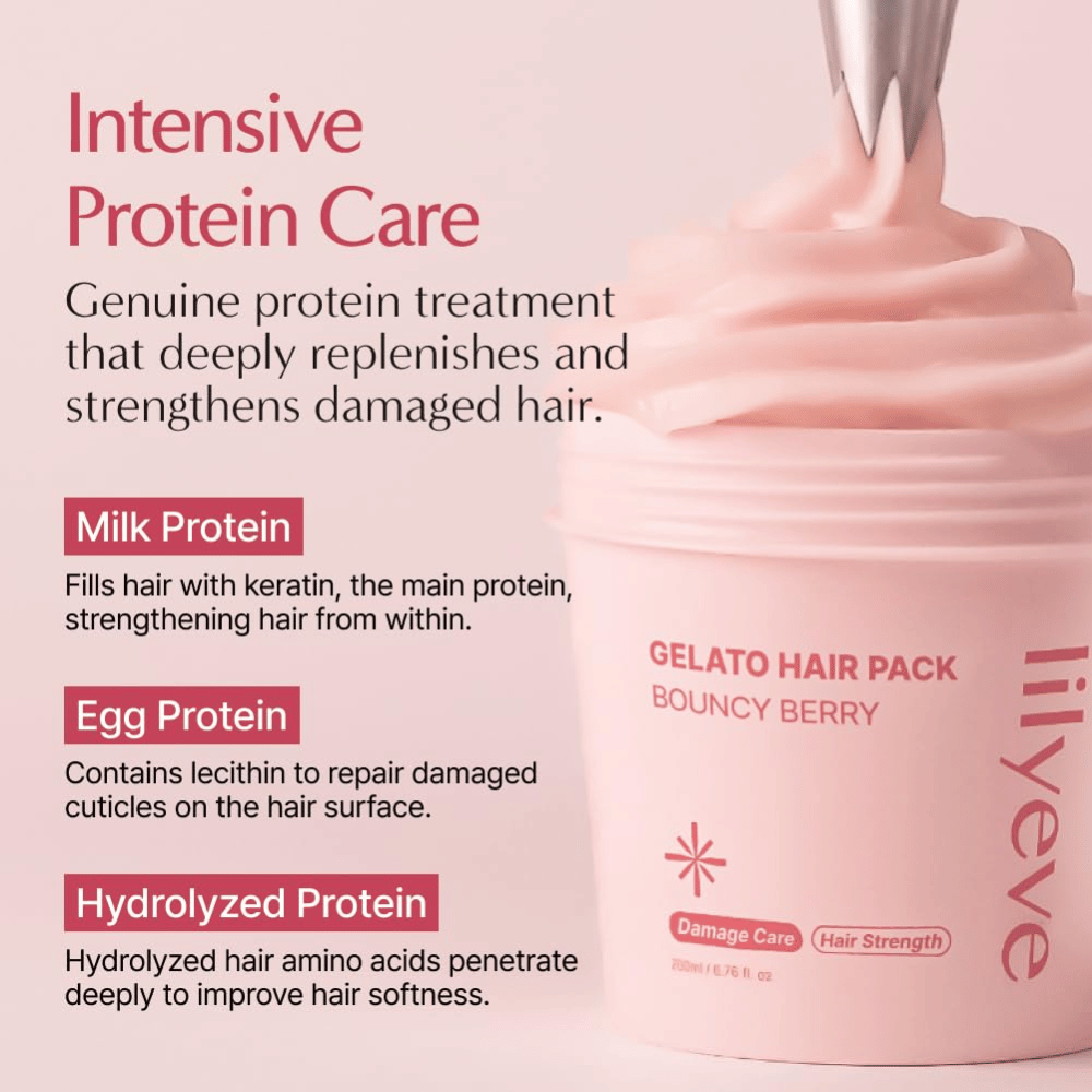 LILYEVE Gelato Hair Pack Bouncy Berry maito-, muna- ja hydrolysoidulla proteiinilla vaurioituneiden hiusten intensiiviseen hoitoon.