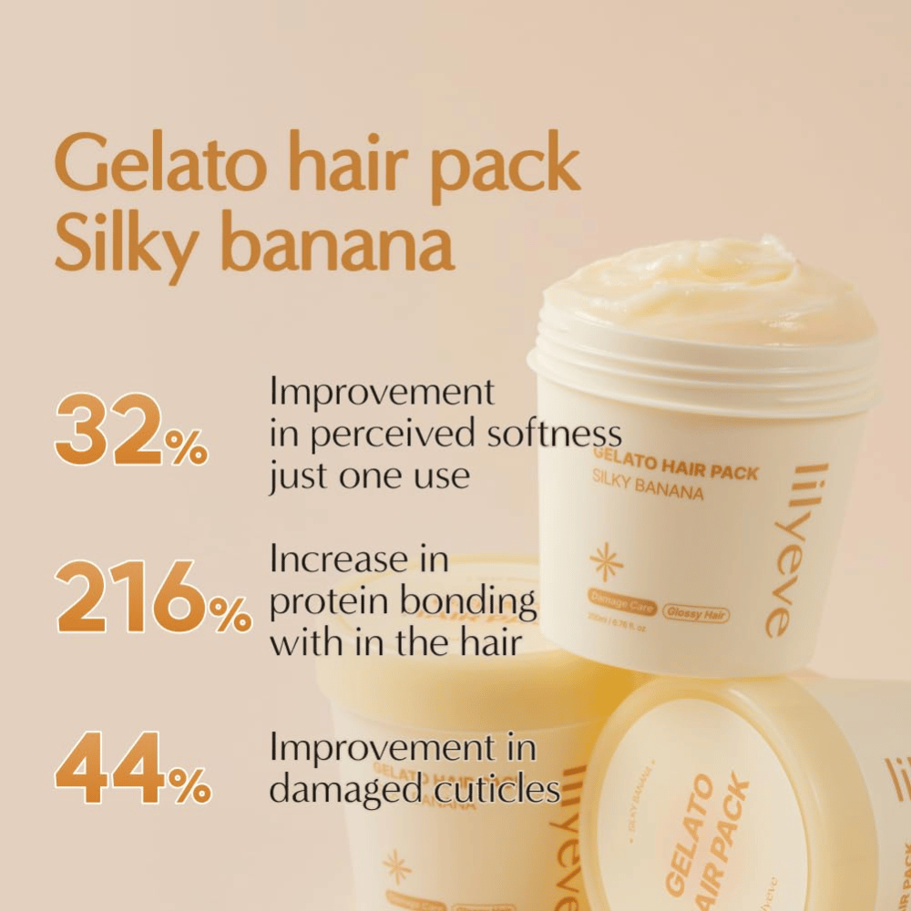 LILYEVE Gelato Hair Pack Silky Banana – proteiinipitoinen hiusnaamio pehmeämmille hiuksille, kiiltoon ja vaurioituneiden hiussuortuvien hoitoon.