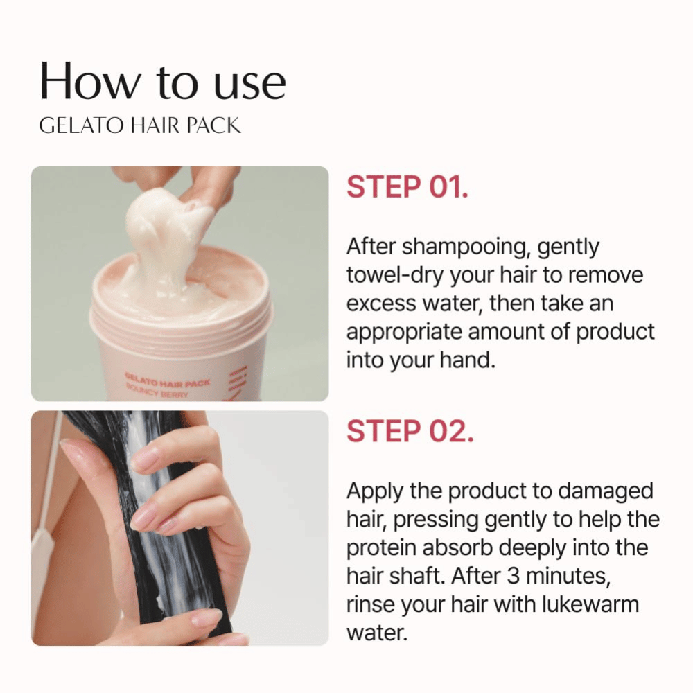Näin käytät LILYEVE Gelato Hair Pack – levitä hiusnaamio pyyhekuiviin hiuksiin, anna vaikuttaa 3 minuuttia ja huuhtele pois.