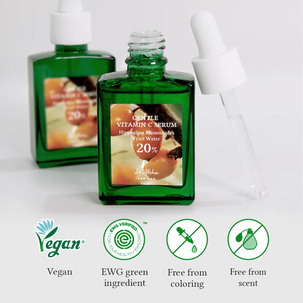 Dr.Althea Gentle Vitamin C Serum on vegaaninen ja EWG-sertifioitu turvallisten ja ympäristöystävällisten ainesosien vuoksi. Vapaa väriaineista ja hajusteista, mikä tekee siitä täydellisen herkälle iholle. Sisältää 20% tyrnivettä kosteuttamaan, kirkastamaan ja suojaamaan ihoa.