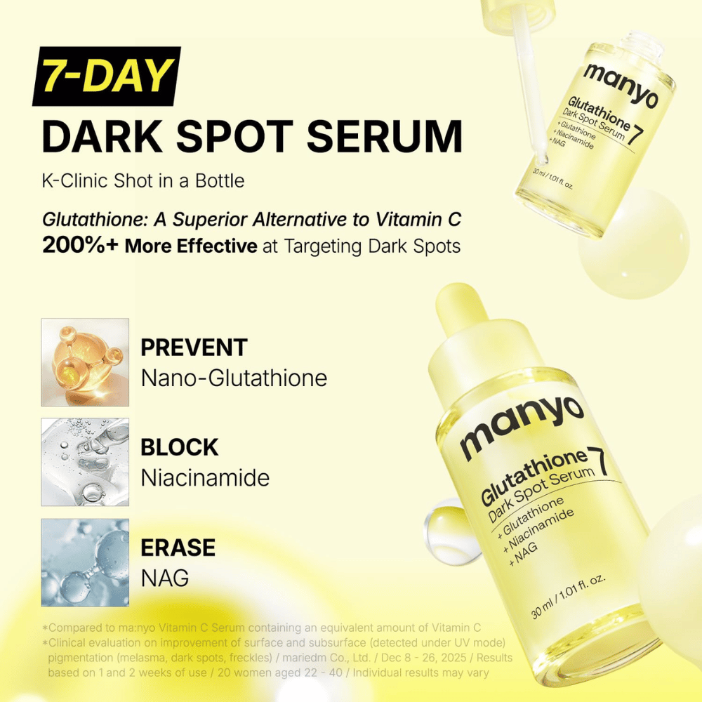 Ma:nyo Glutathione 7 Dark Spot Serum pigmenttiläiskien intensiiviseen hoitoon glutathionin, niasiiniamidin ja NAG:n kanssa