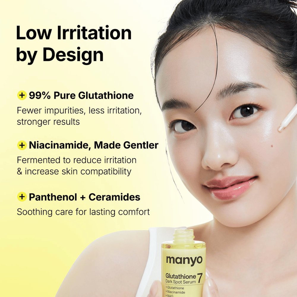 Ma:nyo Glutathione 7 Dark Spot Serum sisältää 99 % glutathionia, niasiiniamidia, pantenolia ja keramidia hellävaraiseen ihonhoitoon