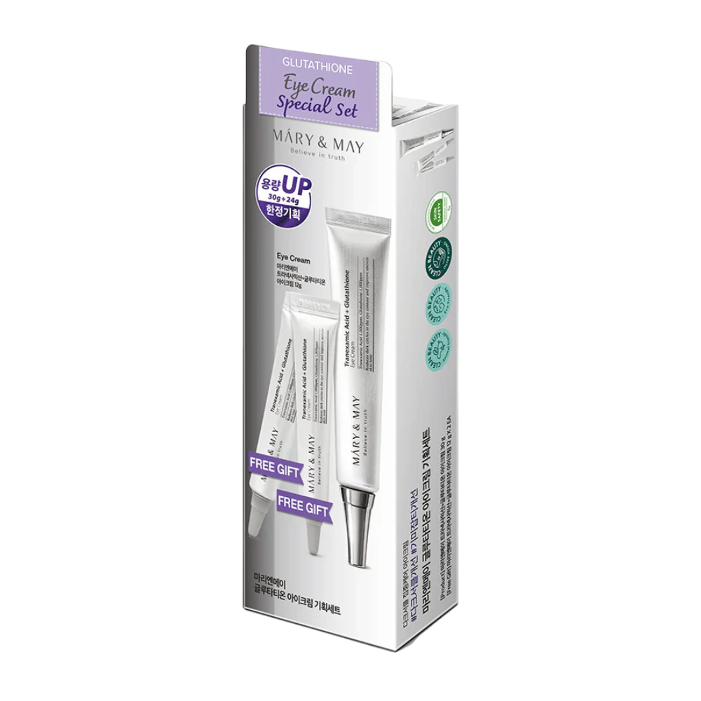 Mary&May Glutathione Eye Cream Special Set bonus-tuotteilla, suosittu K-beauty-setti intensiiviseen kirkastamiseen ja ihon hoitoon silmien ympärillä.
