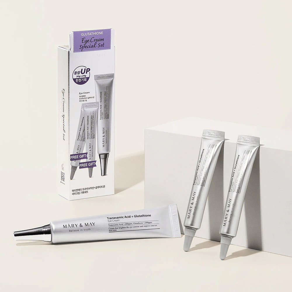 Mary&May Tranexamic Acid + Glutathione Eye Cream Special Set alkuperäispakkauksella ja ylimääräisillä tuubeilla, täydellinen setti hehkua antavaan ja tasoittavaan silmänympäryshoitoon.