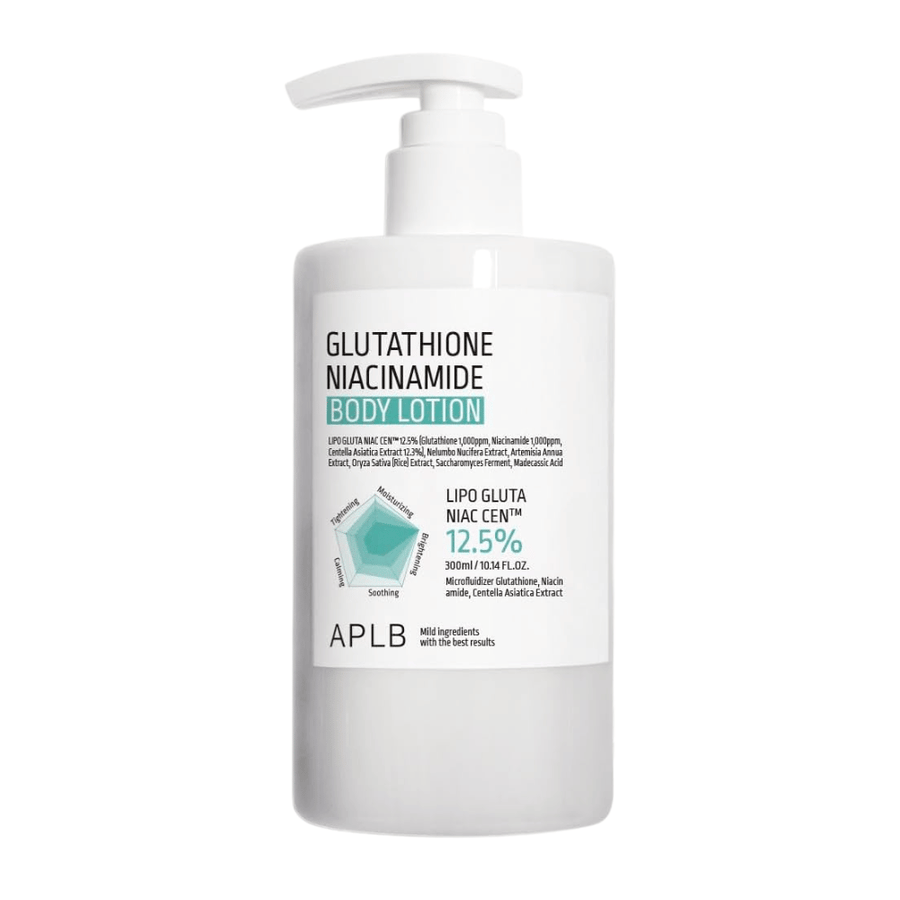 APLB Glutathione Niacinamide Body Lotion tuotekuva pumppupullosta ja edistyksellisestä koostumuksesta kosteutukseen, heleyteen ja ihon kimmoisuuden parantamiseen