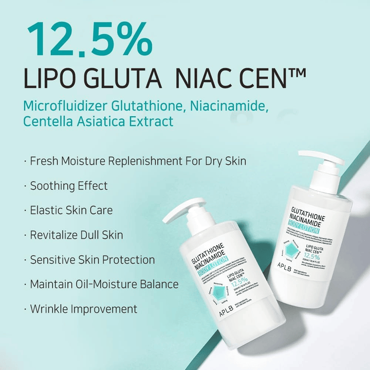 APLB Glutathione Niacinamide Body Lotion 12,5 % Lipo Gluta Niac Cent kosteutukseen, ihon tasapainoon, anti-age-vaikutukseen ja herkän ihon suojaan