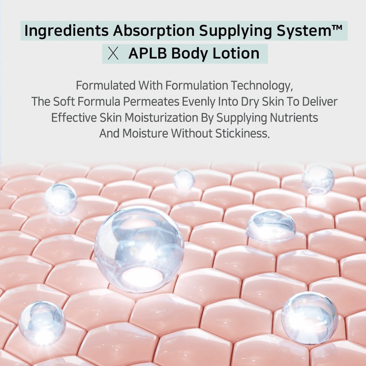 APLB body lotion Ingredients Absorption Supplying System -järjestelmällä, joka imeytyy ihoon ja antaa intensiivistä kosteutusta ilman tahmeaa tunnetta