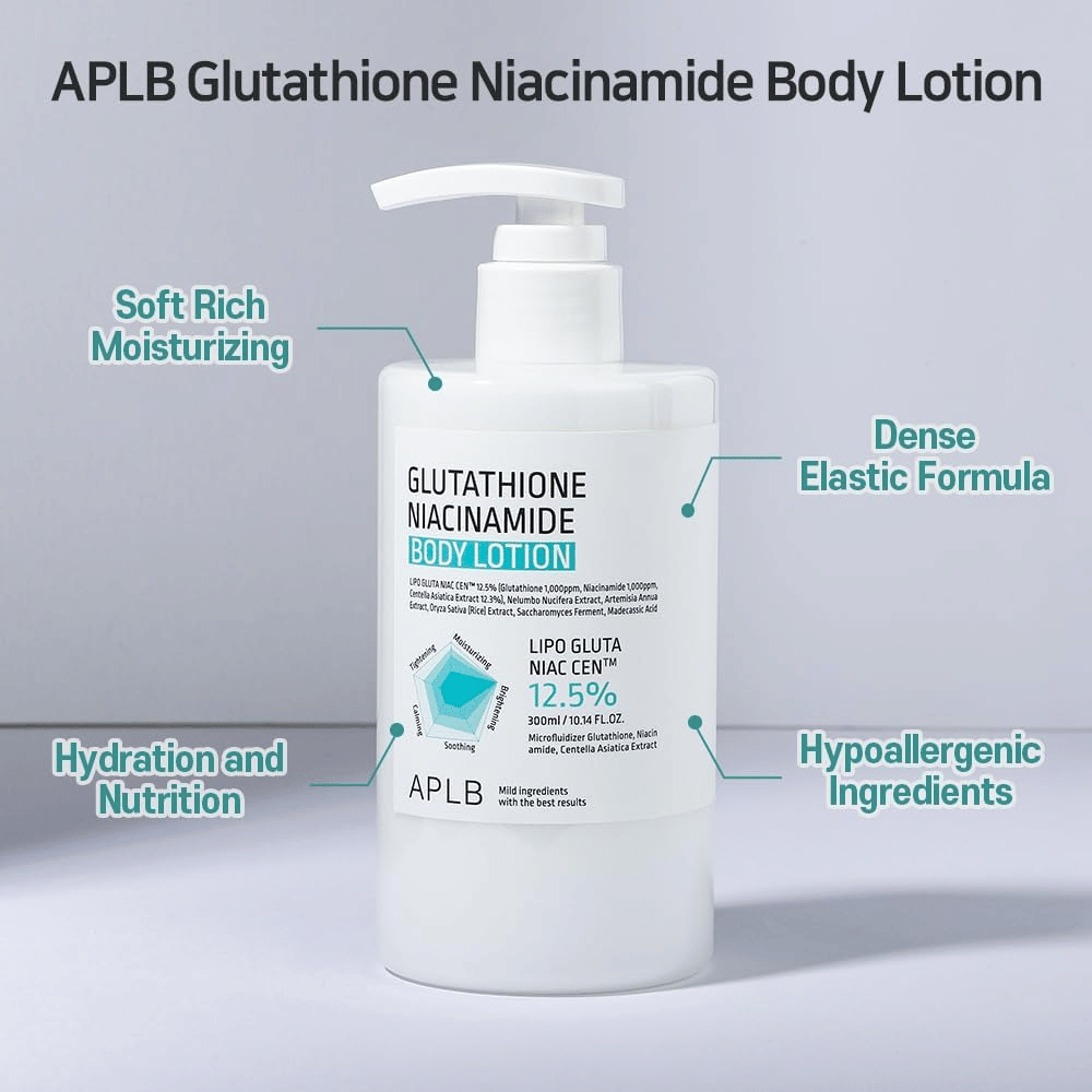 APLB Glutathione Niacinamide Body Lotion pumppupullo kosteuttavalla, kimmoisalla koostumuksella ja hypoallergeenisilla ainesosilla pehmeään ja ravitsevaan ihonhoitoon