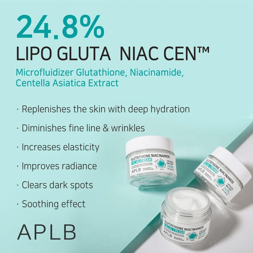 APLB Glutathione Niacinamide Facial Cream 24,8 % Lipo Gluta Niac Cent syväkosteutuksella, anti-age-vaikutuksella ja parannetulla ihonsävyllä