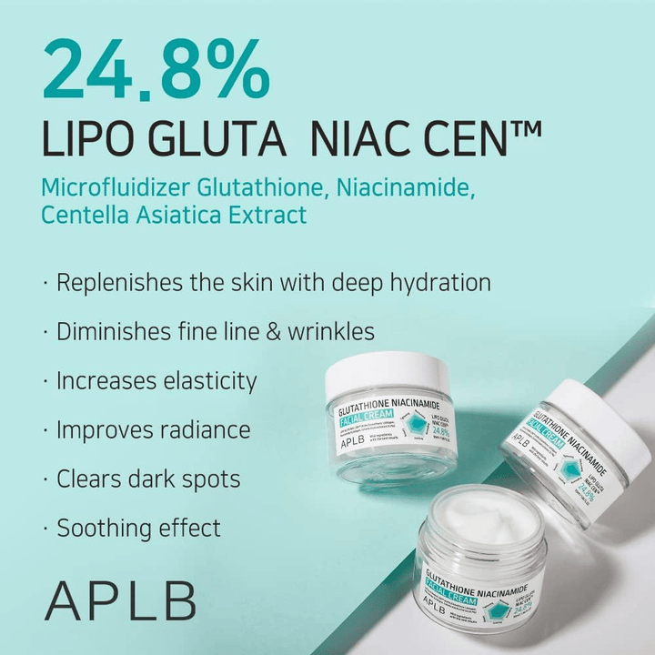 APLB Glutathione Niacinamide Facial Cream 24,8 % Lipo Gluta Niac Cent syväkosteutuksella, anti-age-vaikutuksella ja parannetulla ihonsävyllä