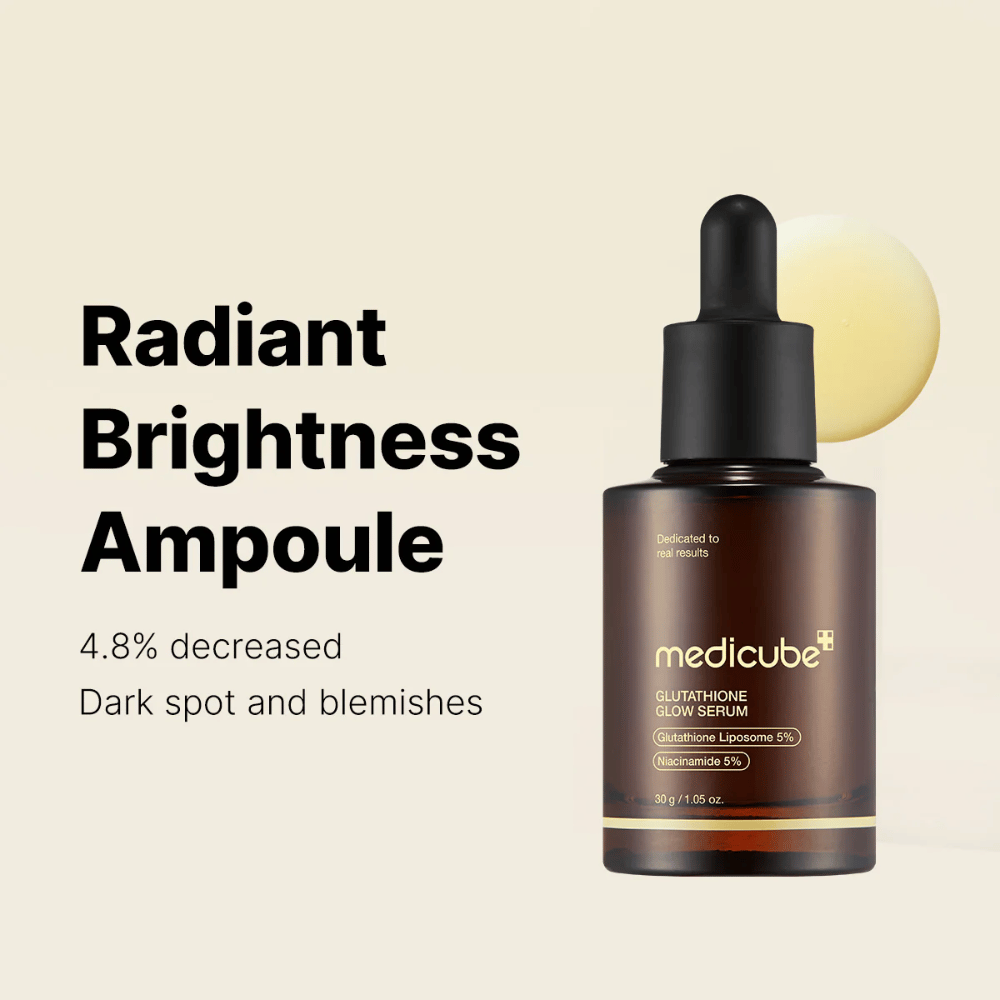 Medicube Radiant Brightness Ampoule – Glutathione Glow Serum 5 % glutationi-liposomilla ja 5 % niasiiniamidilla. Vähentää tummia läiskiä ja epätasaista ihon sävyä säteilevän hehkun saavuttamiseksi.