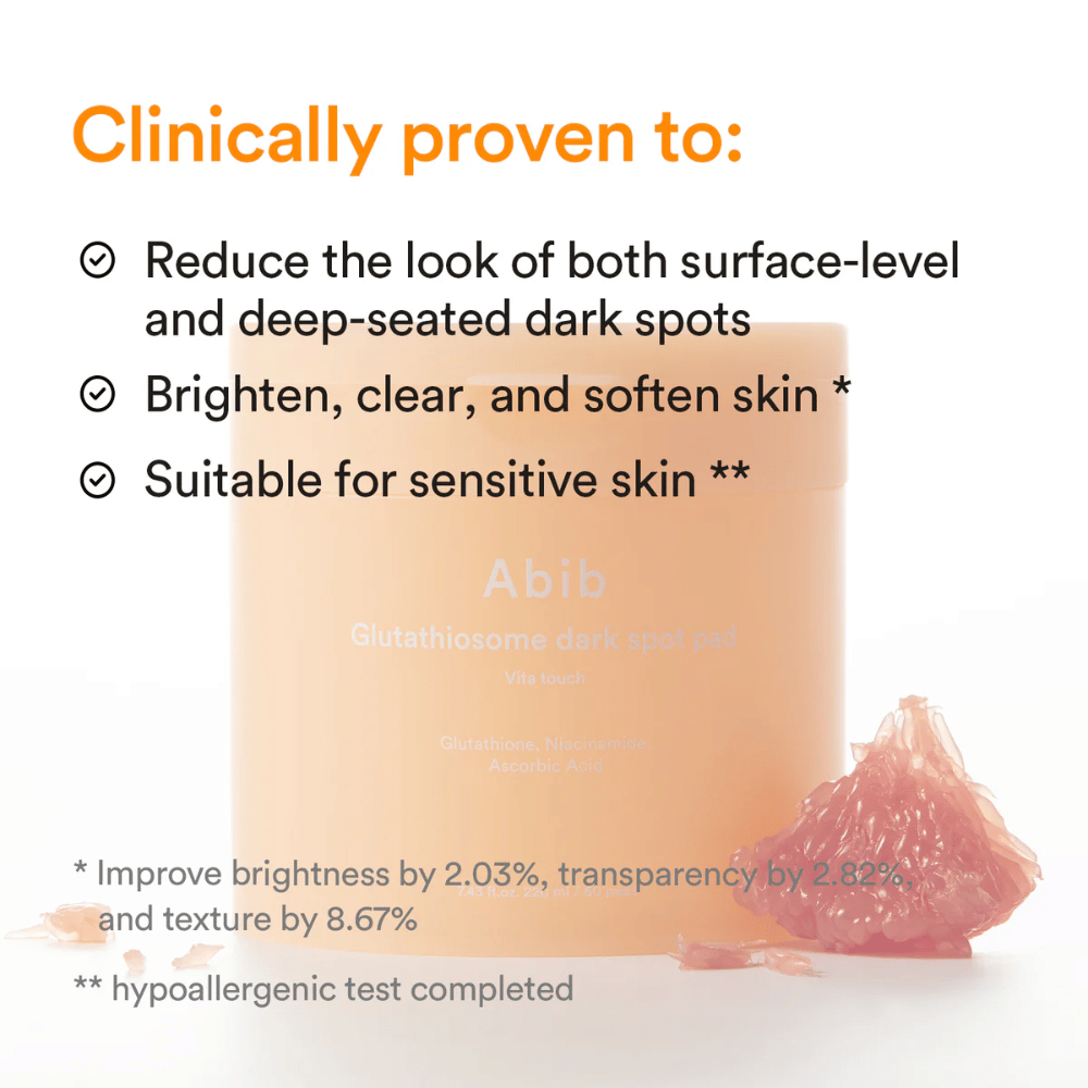 Abib Glutathiosome Dark Spot Pad Vita Touch kliinisesti testatuilla eduilla hehkulle ja pigmenttihäiriö.