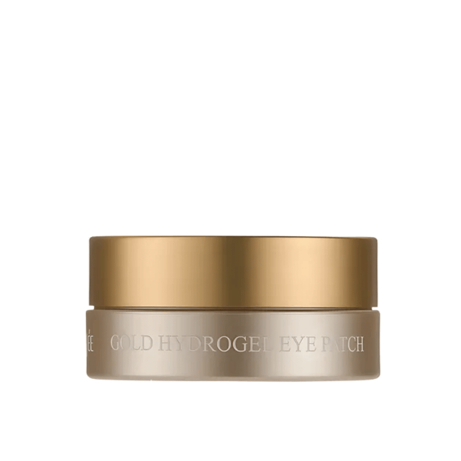 Vapaataustainen tuotekuva tuotteesta PETITFEE Gold Hydrogel Eye Patch elegantissa kullanvärisessä purkissa vaaleaa taustaa vasten. Muotoilu antaa eksklusiivisen ja ylellisen vaikutelman.