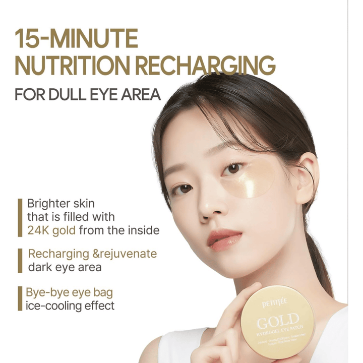 Kampanjakuva mallista, joka käyttää PETITFEE Gold Hydrogel Eye Patch silmän alla. Painopiste on hehkun antamisessa, väsyneen ihon elvyttämisessä sekä tummien silmänalusten ja turvotuksen näkyvyyden vähentämisessä.