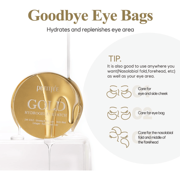 Tuotekuva tuotteesta PETITFEE Gold Hydrogel Eye Patch, jossa keskitytään silmänalusalueen kosteuttamiseen ja hoitamiseen. Kuvassa esitellään myös eri käyttöalueita, kuten silmäpussit, poskien alue ja nasolabiaalijuonteet.