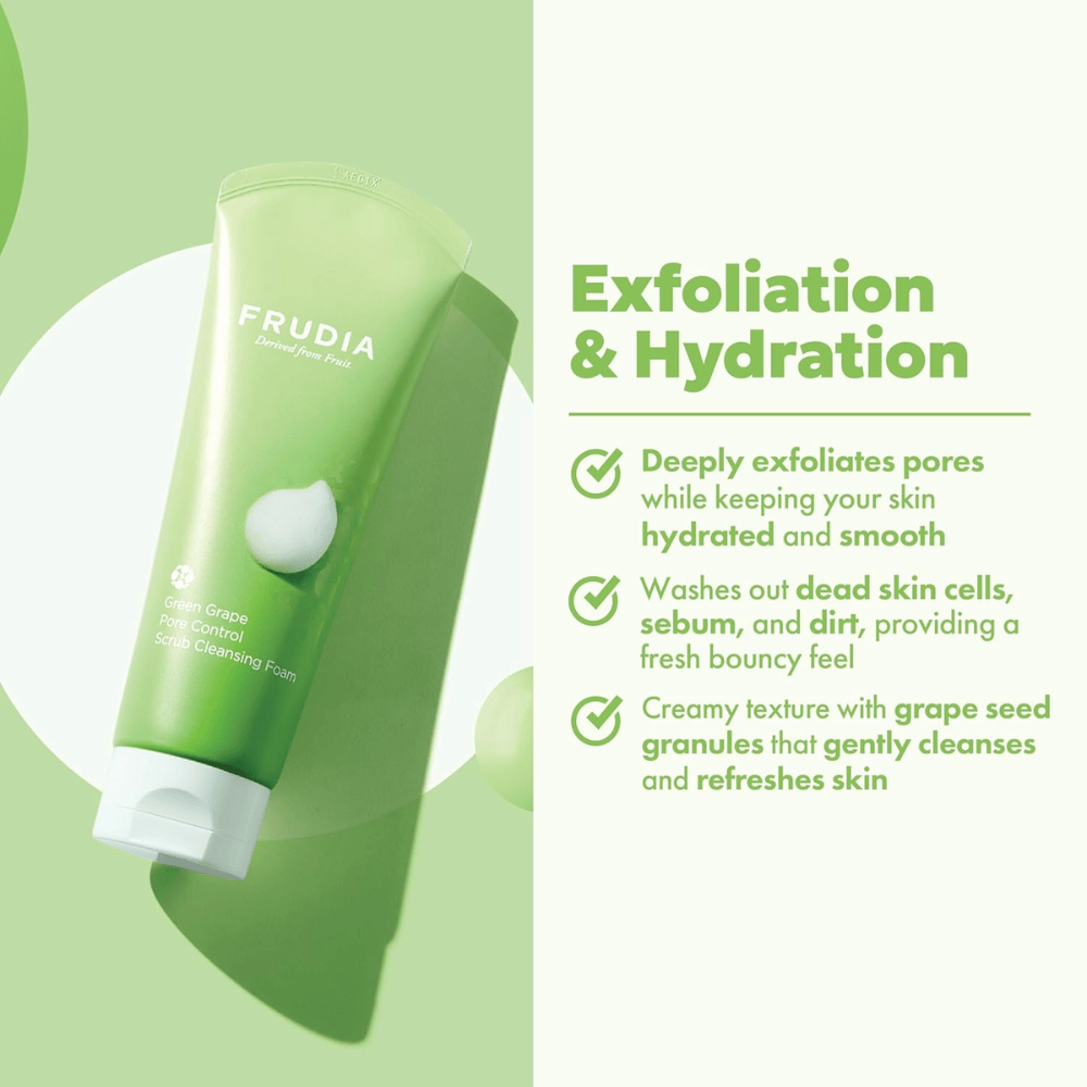FRUDIA Green Grape Pore Control Scrub Cleansing Foam – kuoriva kasvojenpuhdistusaine rypäleensiemenrakeilla, jotka poistavat likaa, talia ja kuolleita ihosoluja kuivattamatta ihoa.