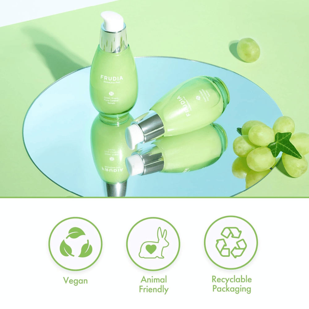 Frudia Green Grape Pore Control Serum vihreillä rypäleillä, vegaaninen koostumus, cruelty-free ja kierrätettävä pakkaus – korealaista ihonhoitoa huokosten pienentämiseen ja tasapainoiseen ihoon.