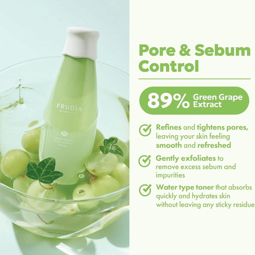 Frudia Green Grape Pore Control Toner 89 % vihreää rypäleuutetta, joka hienosäätää huokosia, vähentää ylimääräistä talia ja kosteuttaa ihoa kevyellä, nopeasti imeytyvällä tonerilla ilman tahmeaa tunnetta.