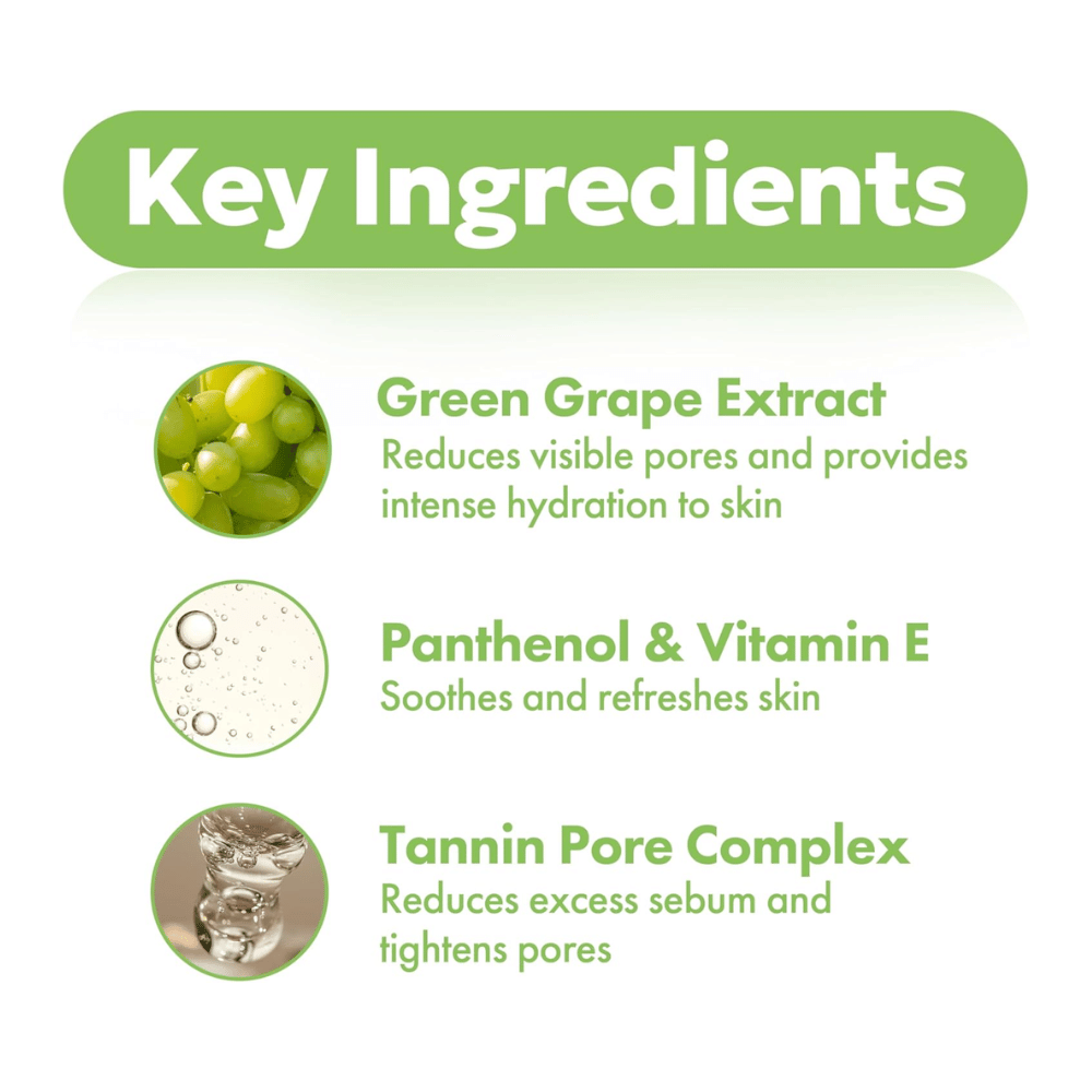 Avaintarvikkeet Frudia Green Grape Pore Control vihreällä rypäleuutteella, pantenolilla, E-vitamiinilla ja tanniinihuokoskompleksilla, jotka kosteuttavat ihoa, vähentävät huokosia ja tasapainottavat talia.