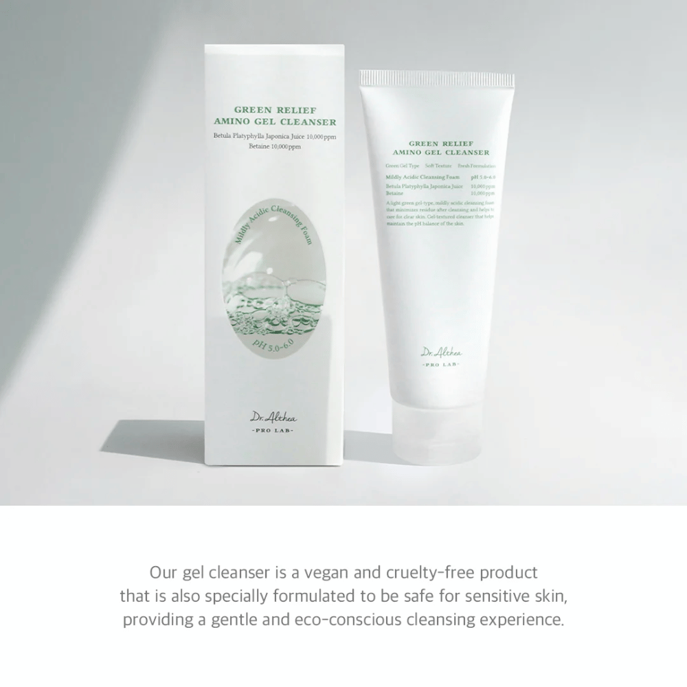 Dr. Althea Green Relief Amino Gel Cleanser on vegaaninen, cruelty-free puhdistus, jossa on mieto geelikoostumus. Erityisesti kehitetty herkälle iholle ja ympäristötietoiselle käytölle.