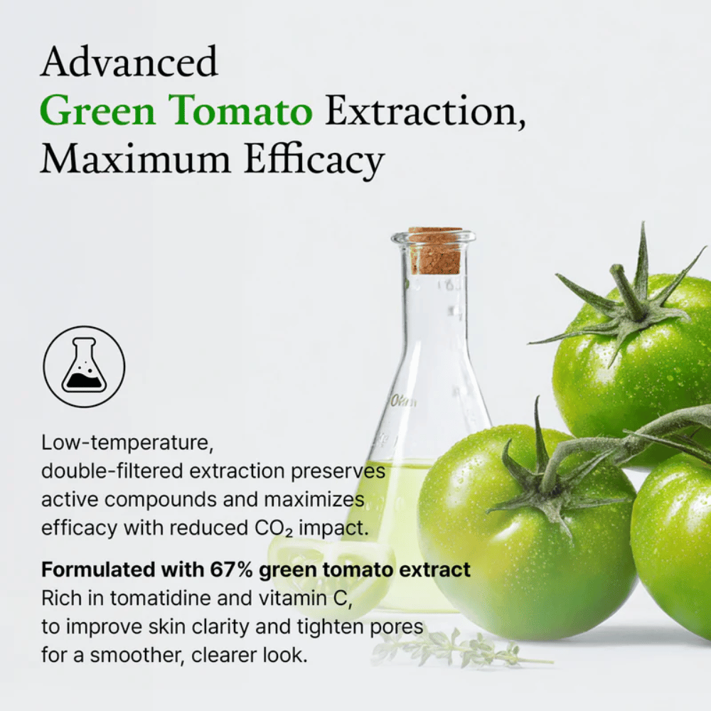 Kuva vihreistä tomaateista ja laboratoriopullosta, joka korostaa ainesosaa ”green tomato extract” ja sen vaikutusta ihoon.