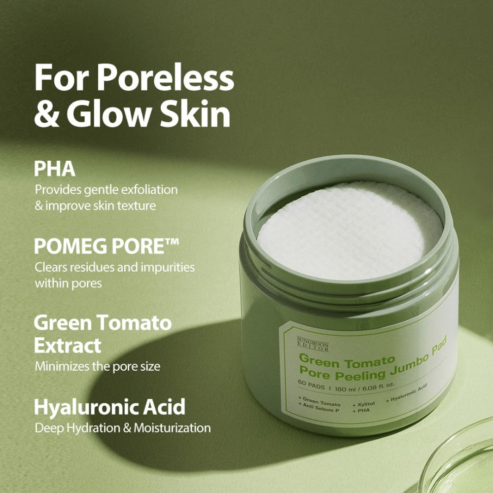 SUNGBOON EDITOR Green Tomato Pore Peeling Jumbo Pad – kuorivat laput, joissa on PHA:ta, vihreää tomaattiuutetta ja hyaluronihappoa