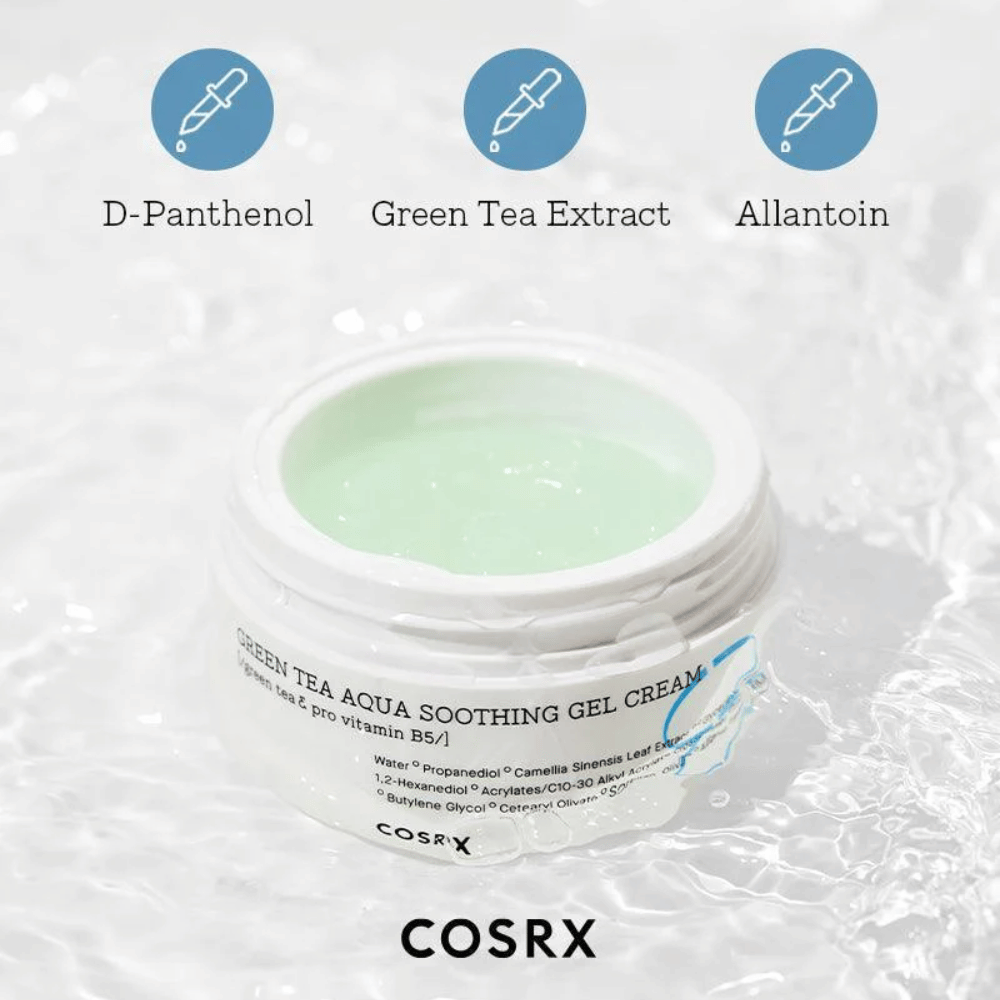 COSRX Green Tea Aqua Soothing Gel Cream – avoin purkki vihreää geelivoidetta. Avainainesosat: D-Panthenoli, Vihreä tee -uute ja Allantoiini kosteutukseen ja rauhoittavaan vaikutukseen.